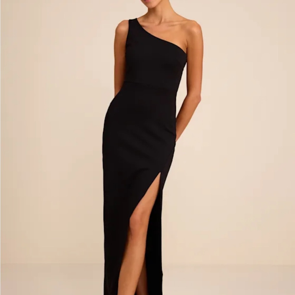 Lulu's One-Shoulder Black Gown with High Side Slit Petite